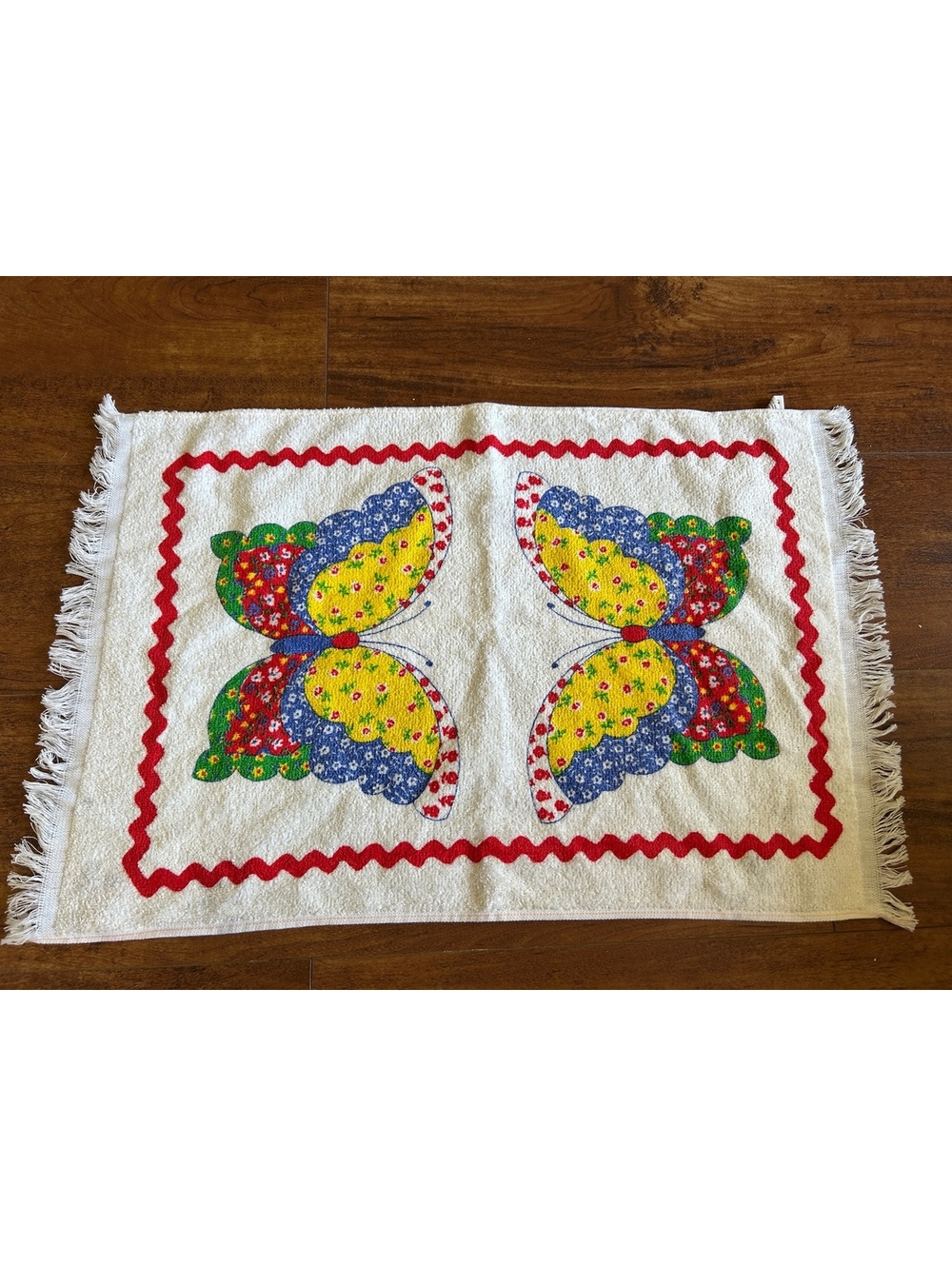 Vintage Butterfly Pattern Cotton Hand Towel with Fringe